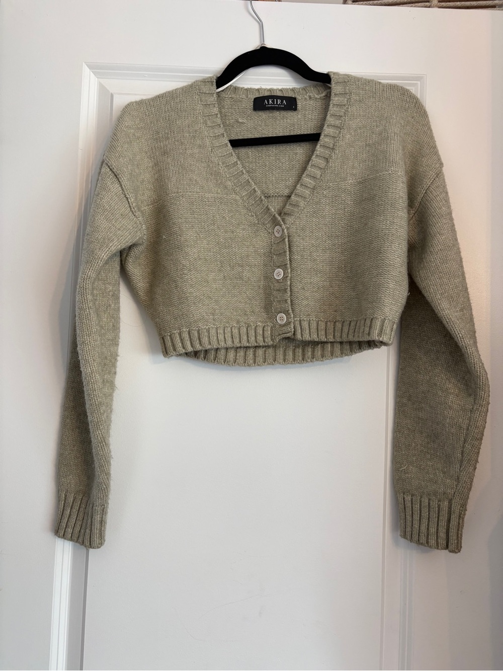 AKIRA Cropped V-Neck Button Cardigan in Light Taupe